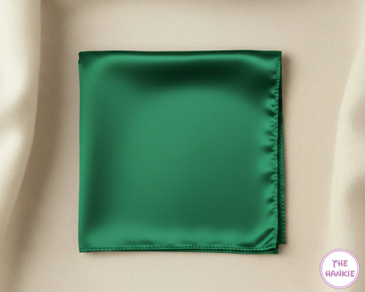 Green satin hankie on a beige background with 'The Hankie' brand logo.