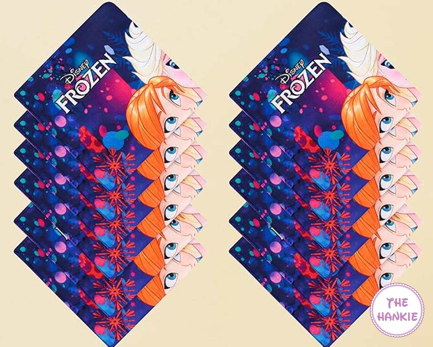 Two packages of Disney Frozen-themed hankies on a beige background