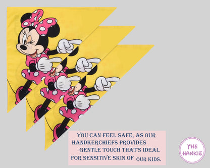 Handkerchief with cartoon character on yellow background, text about handkerchiefs for sensitive skin.