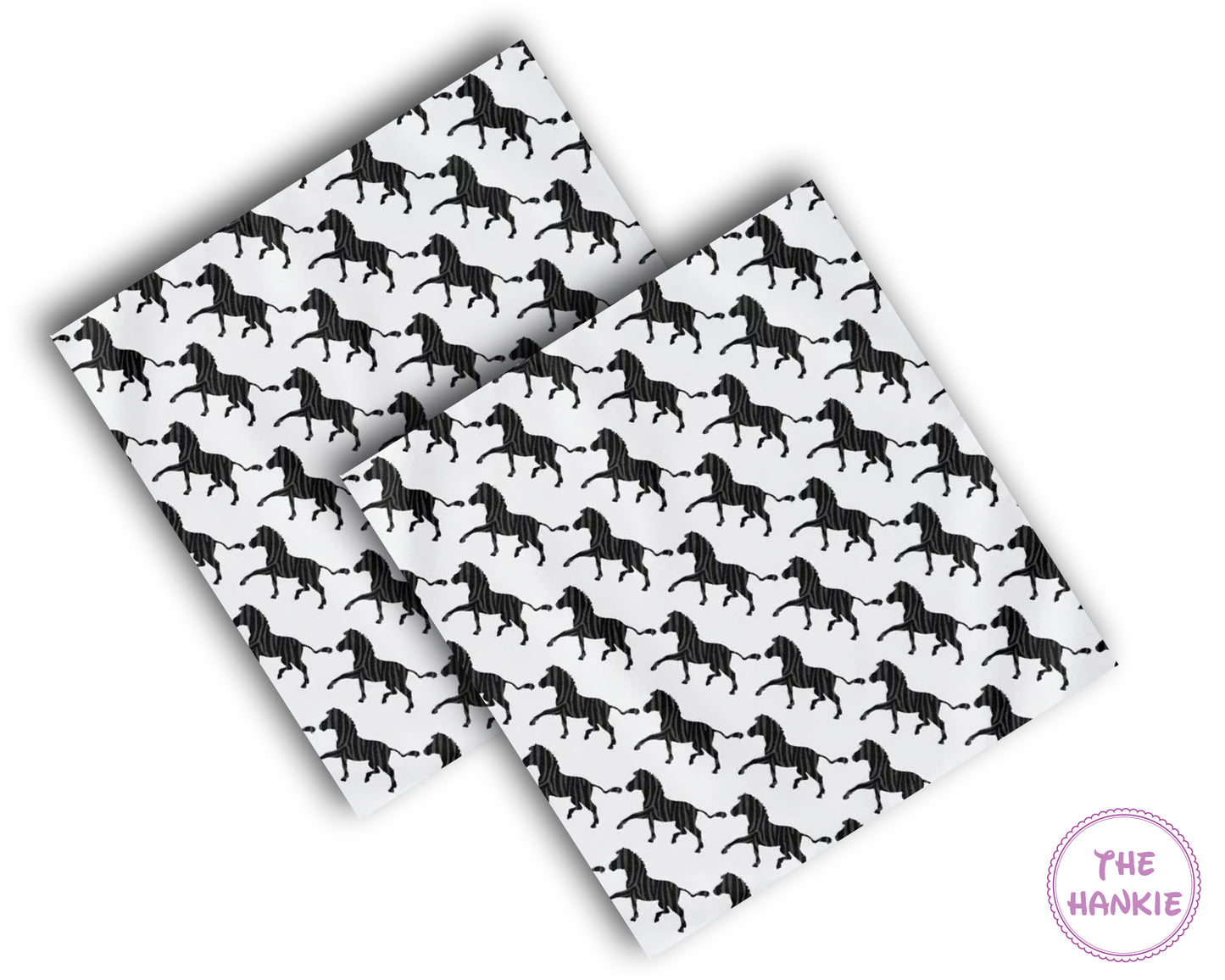 Two black and white patterned hankies with horse design on a white background.