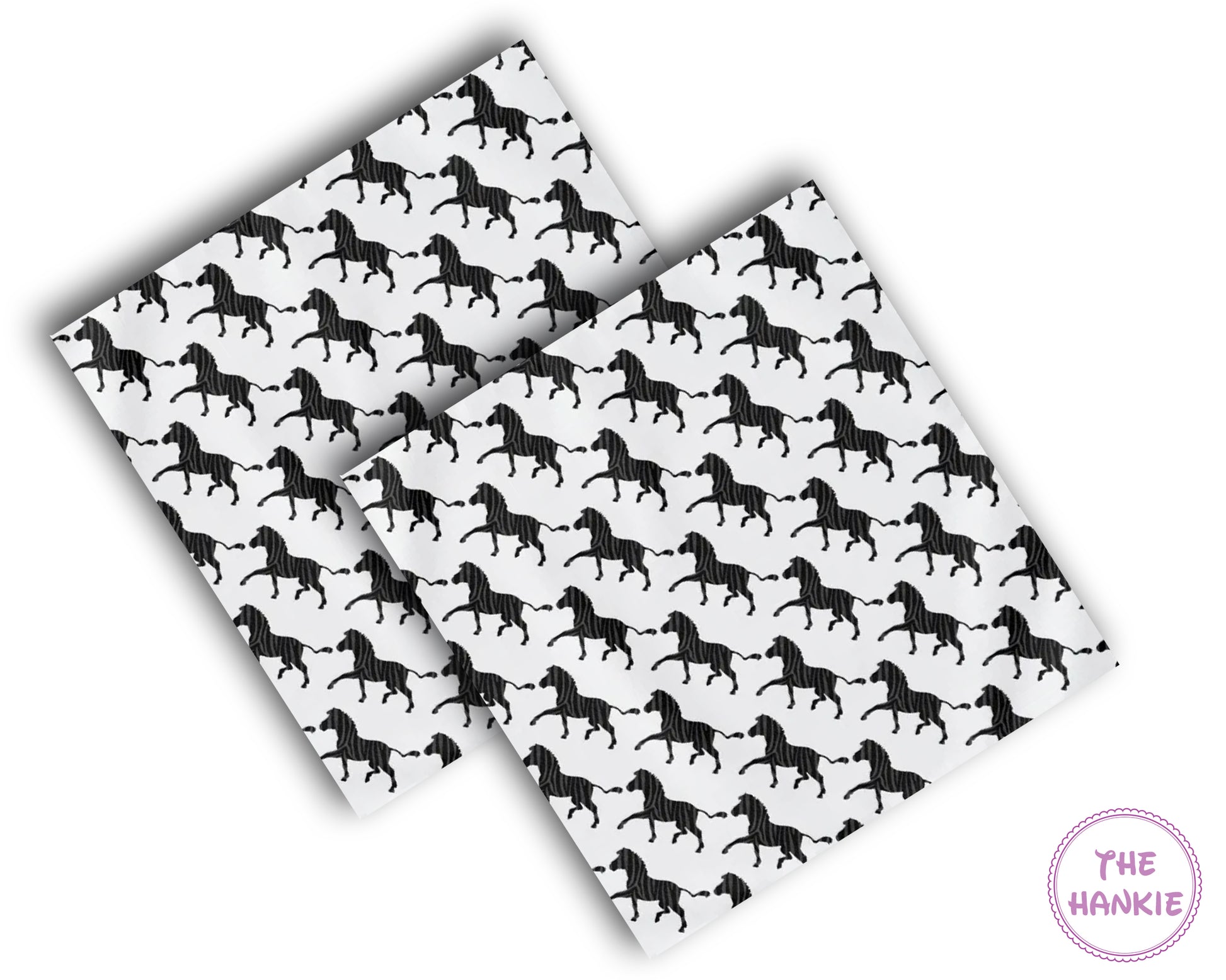 Two black and white patterned hankies with horse design on a white background.