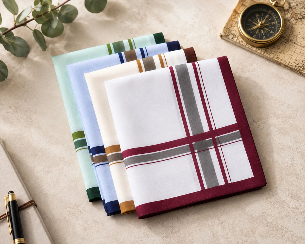 Set of colorful striped pocket squares on a textured surface with a compass and pen.