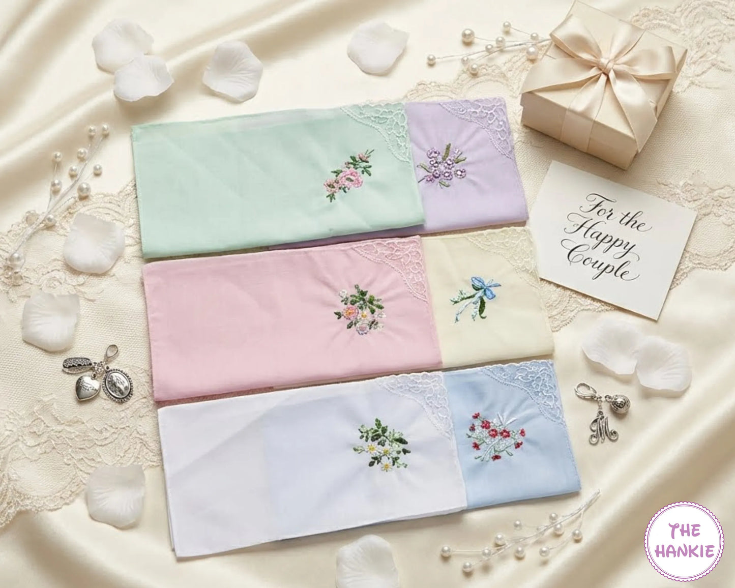Set of embroidered hankies in pastel colors with floral designs on a decorative background.
