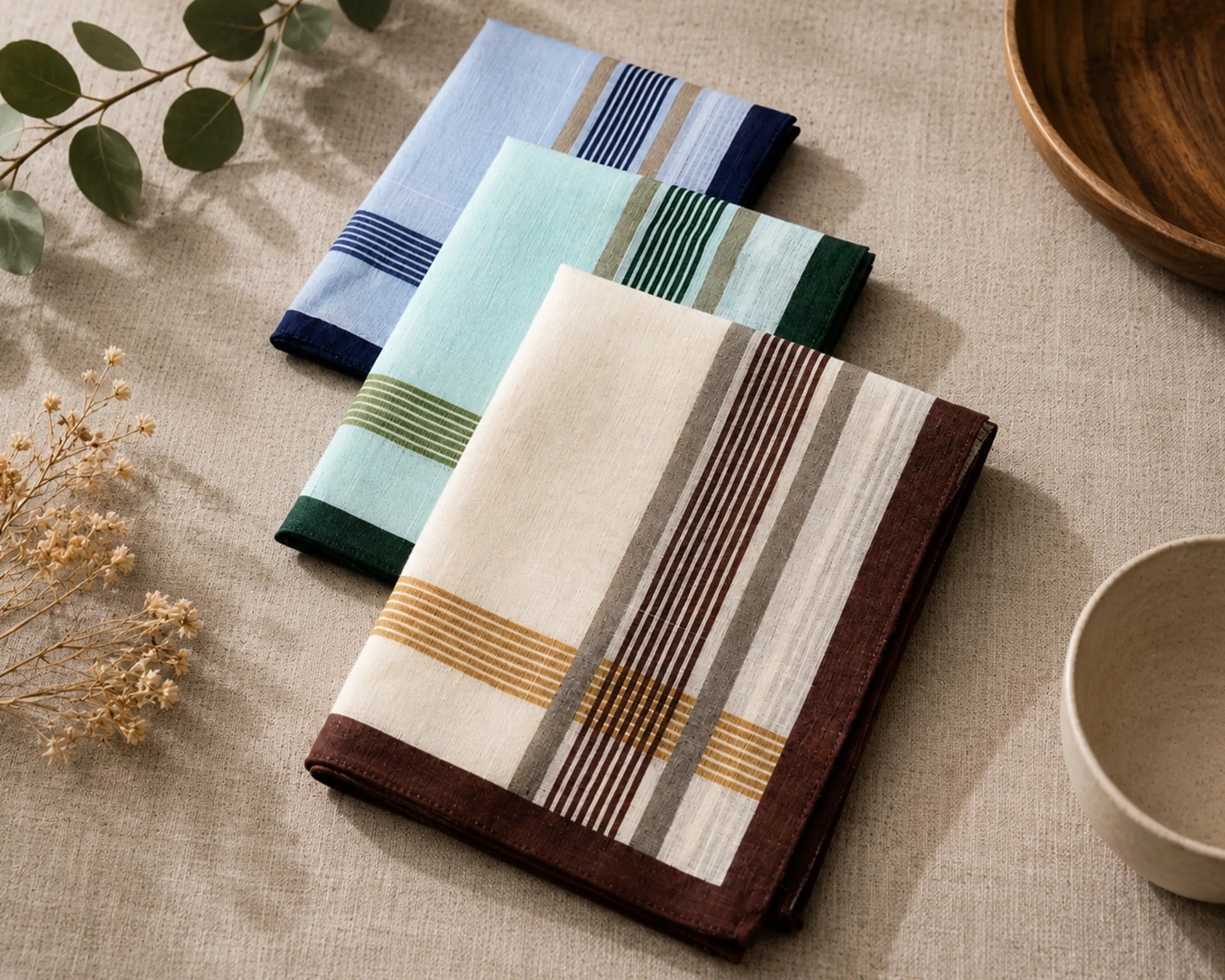 Set of folded hanky with striped patterns on a textured surface.
