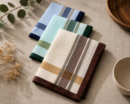 Set of folded hanky with striped patterns on a textured surface.