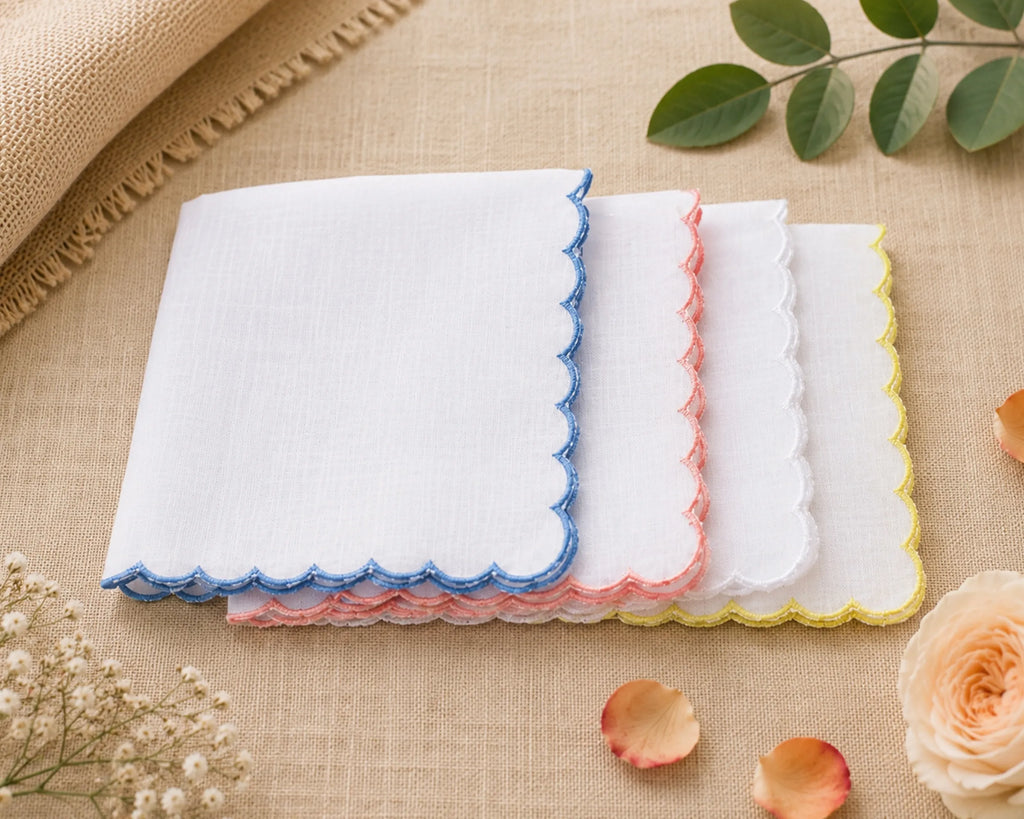 Set of four folded handkerchiefs with scalloped edges in blue, pink, and white on a beige fabric background.