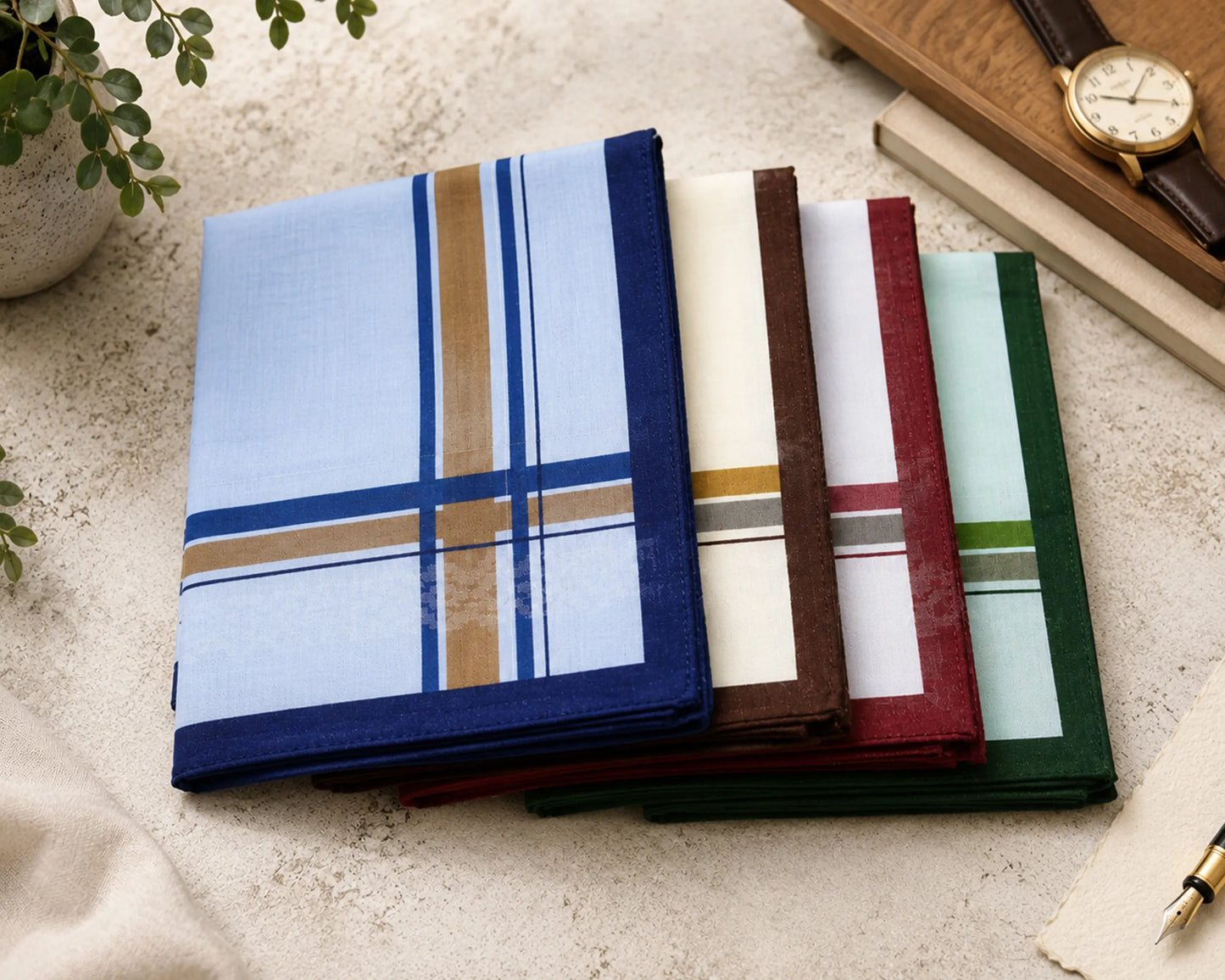Set of plaid pocket squares in various colors on a textured surface.
