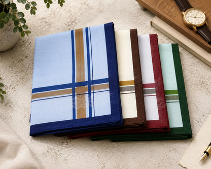Set of plaid pocket squares in various colors on a textured surface.
