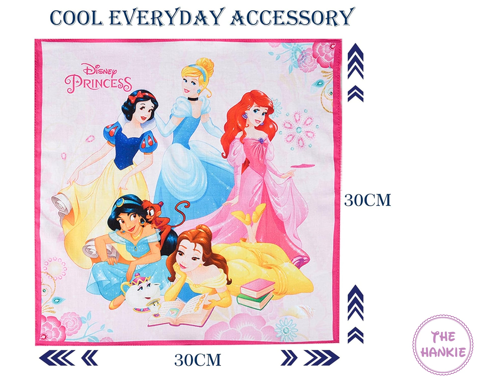 Disney Princesses on a pink background with text 'Cool Everyday Accessory' and 'The Hankie'.