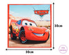 Red car character from 'Cars' with dimensions and 'The Hankie' branding.