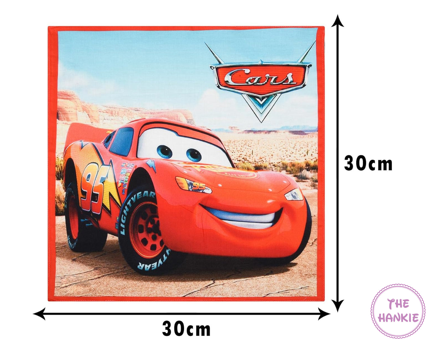 Red car character from 'Cars' with dimensions and 'The Hankie' branding.