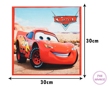 Red car character from 'Cars' with dimensions and 'The Hankie' branding.