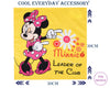 Minnie Mouse design on a yellow background with text and branding.