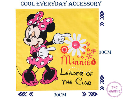 Minnie Mouse design on a yellow background with text and branding.