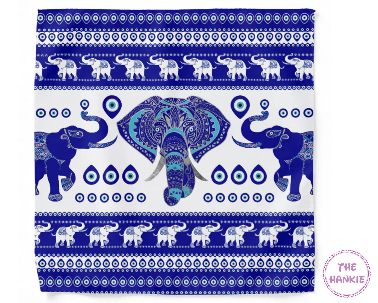 Patterned fabric with blue elephants and white background