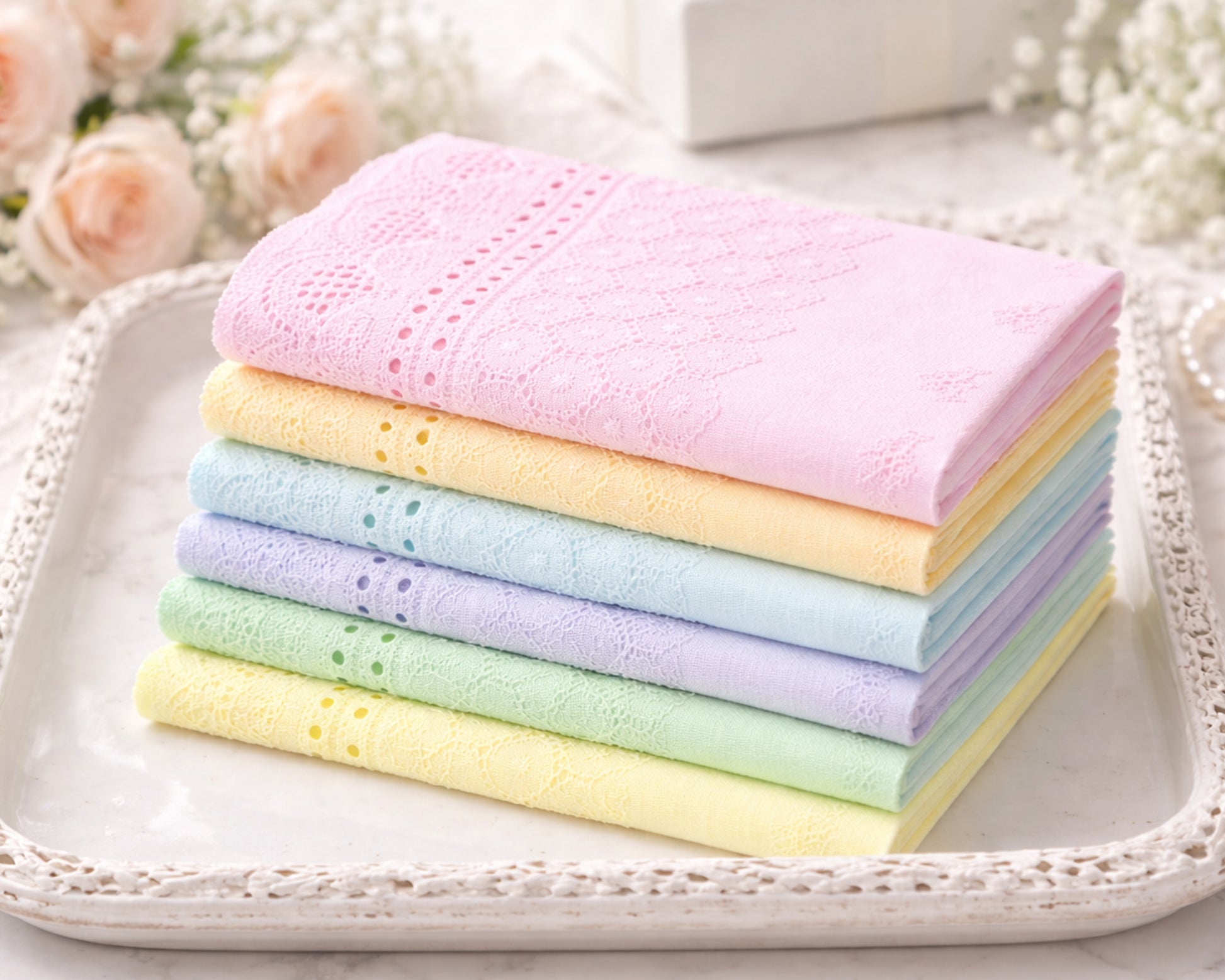 Stack of pastel-colored textured towels on a decorative tray with floral background