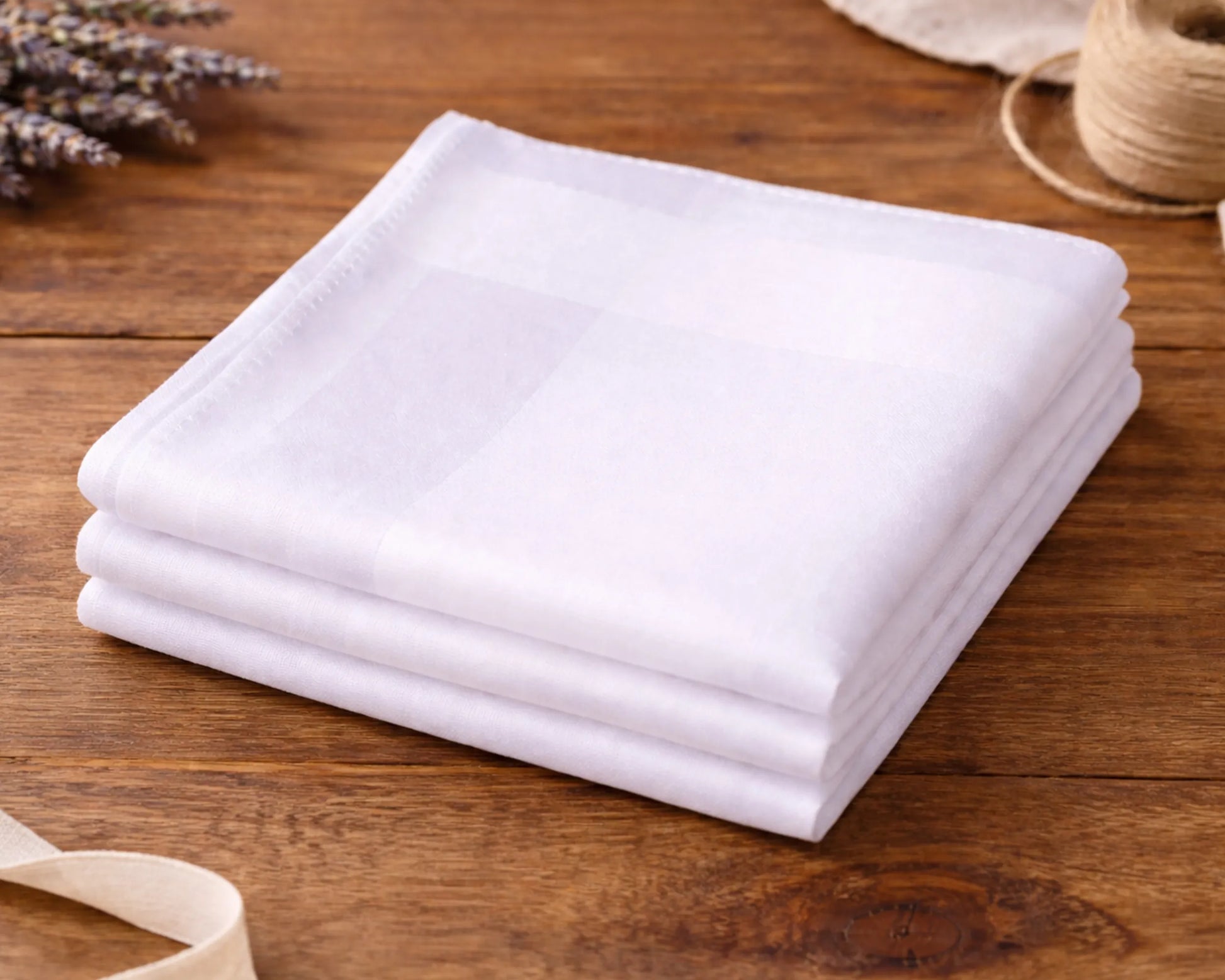 Stack of white napkin on a wooden surface with lavender and twine in the background