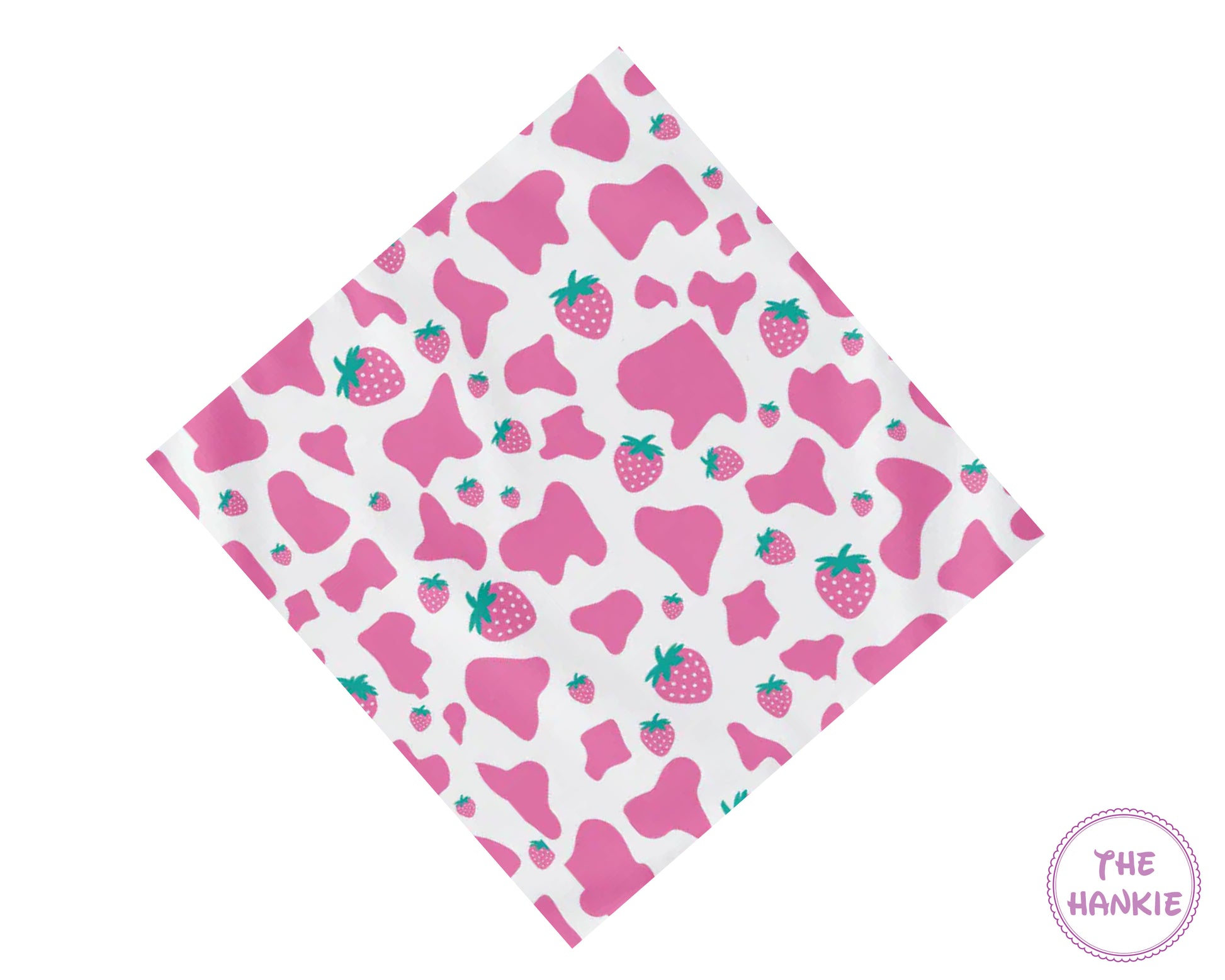 Pink cow print hankie with strawberries on a white background