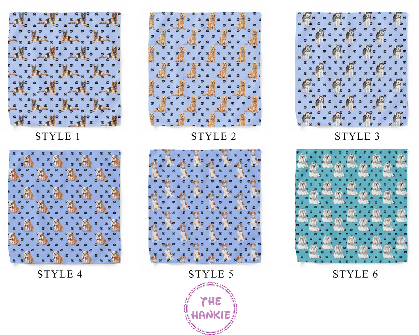Six different styles of patterned hankies on a white background, with 'The Hankie' brand logo.
