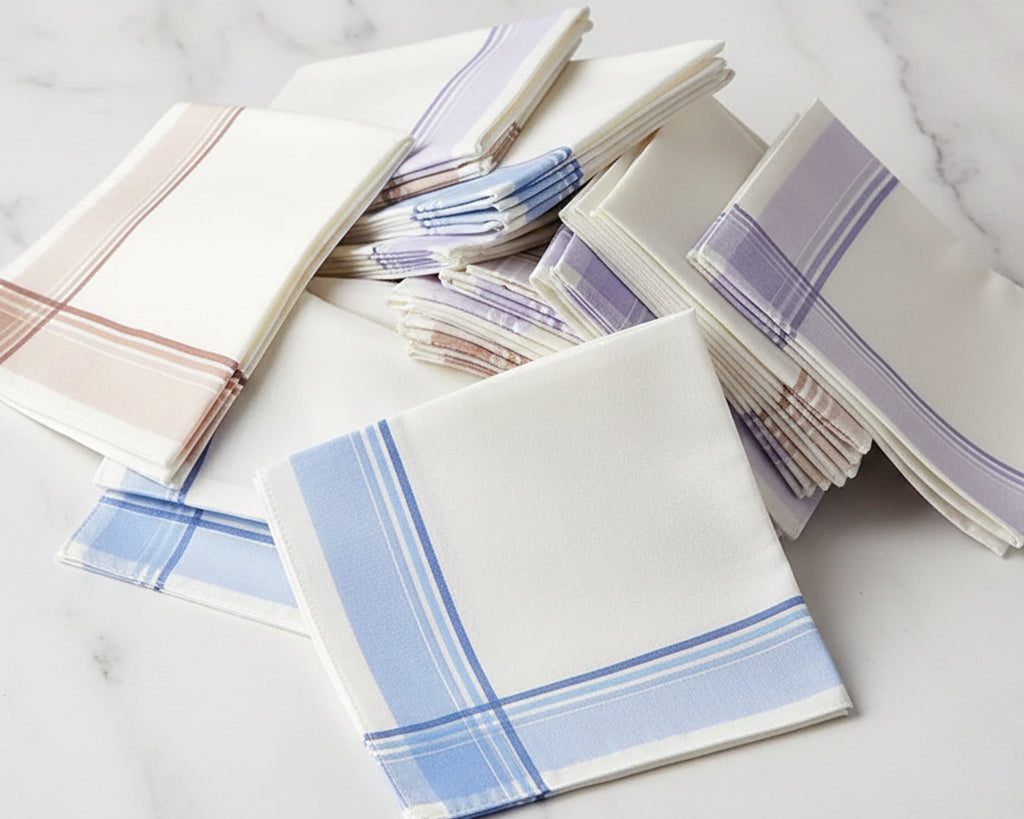 Stacks of plaid patterned hankies on a marble surface