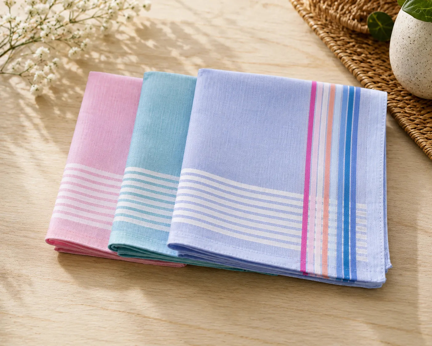 Three folded handkerchiefs in pink, blue, and multicolor on a wooden surface.