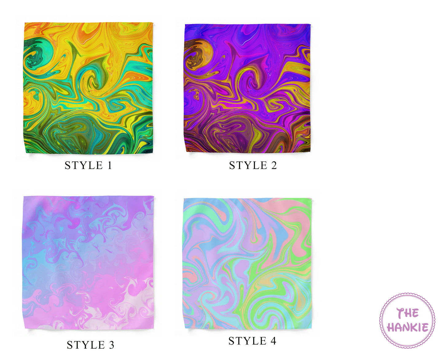 Four colorful hankies with swirl patterns labeled Style 1 to Style 4 on a white background.
