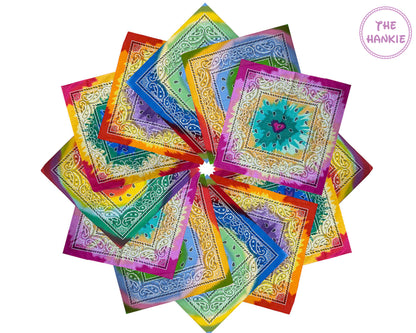 Colorful bandana with intricate patterns arranged in a circular fashion on a white background.