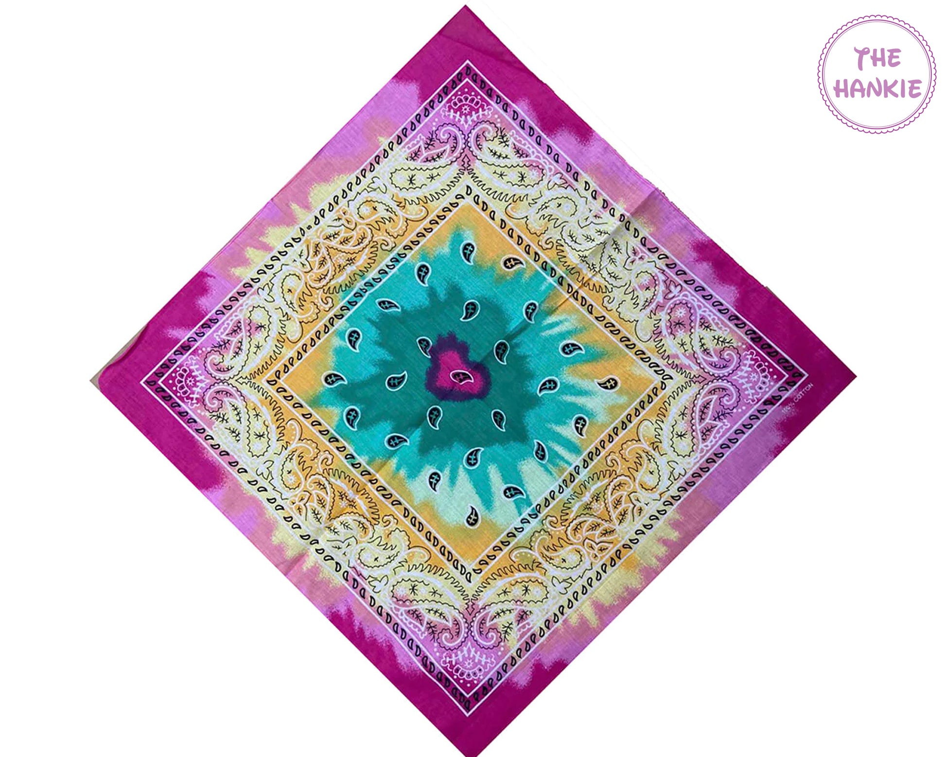 Colorful bandana with a geometric pattern on a white background, branded 'The Hankie'.