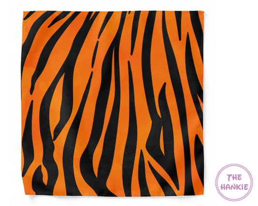 Orange and black zebra patterned hankie with 'The Hankie' branding.