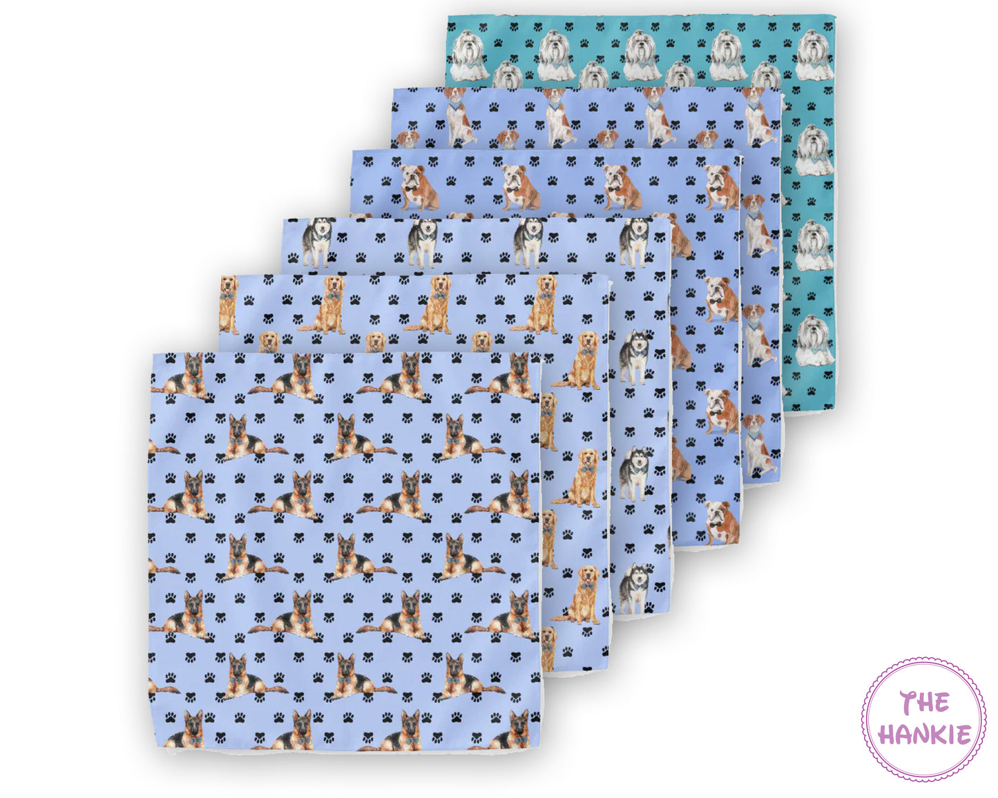 Set of four patterned hankies with dog designs on a white background