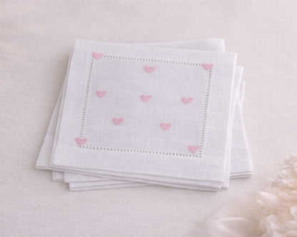 Embroidered Heart Design Cotton Cocktail Napkin for Events & Parties Set of 4
