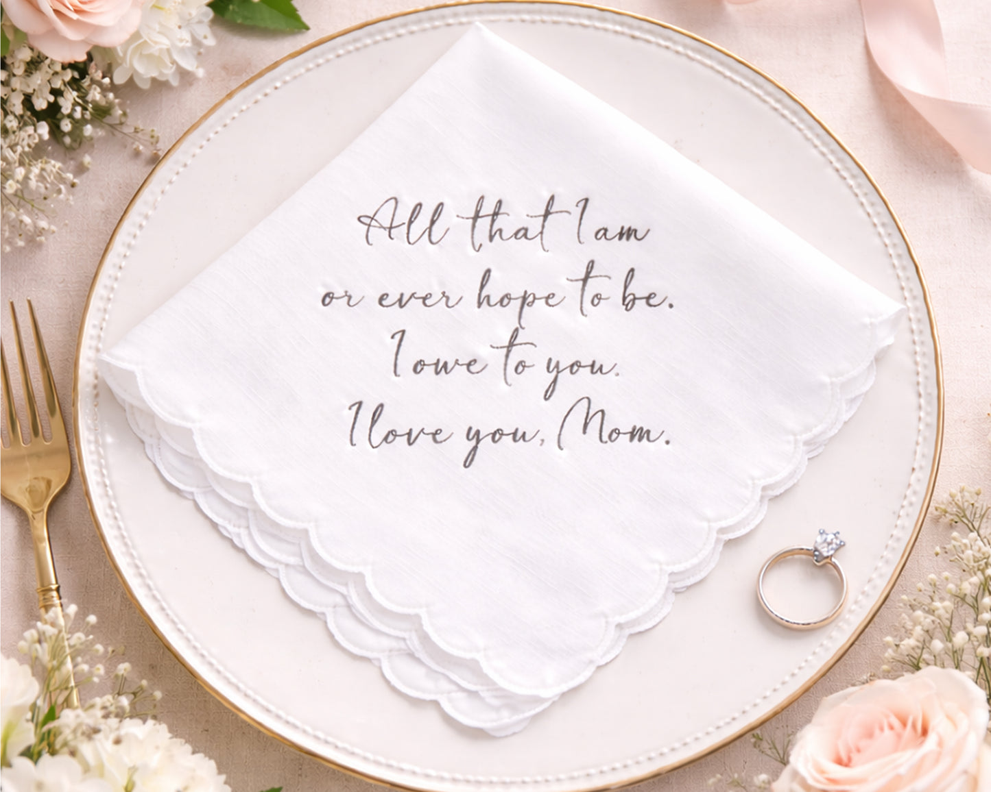 Personalized Women’s Scalloped Wedding Embroidered Handkerchief for Mom