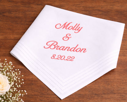 Personalized Men's Wedding Embroidered Handkerchief with Couple Names & Date
