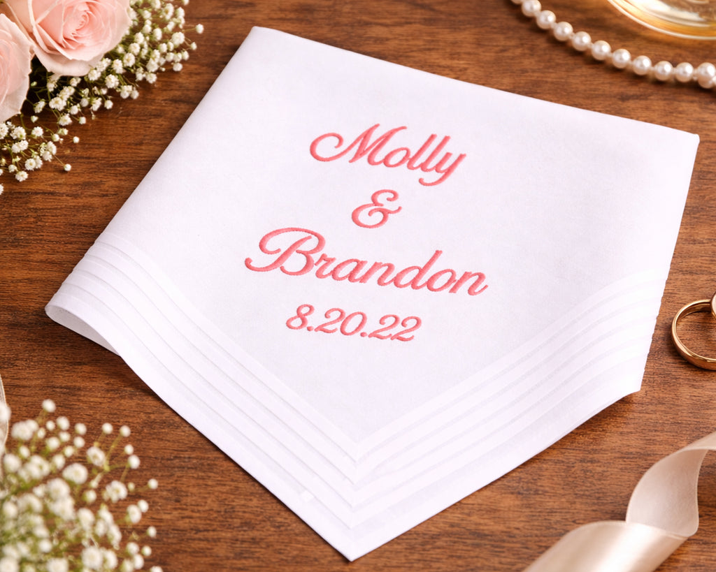 Personalized Men's Wedding Embroidered Handkerchief with Couple Names & Date