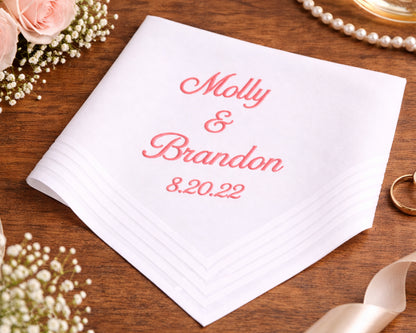 Personalized Men's Wedding Embroidered Handkerchief with Couple Names & Date