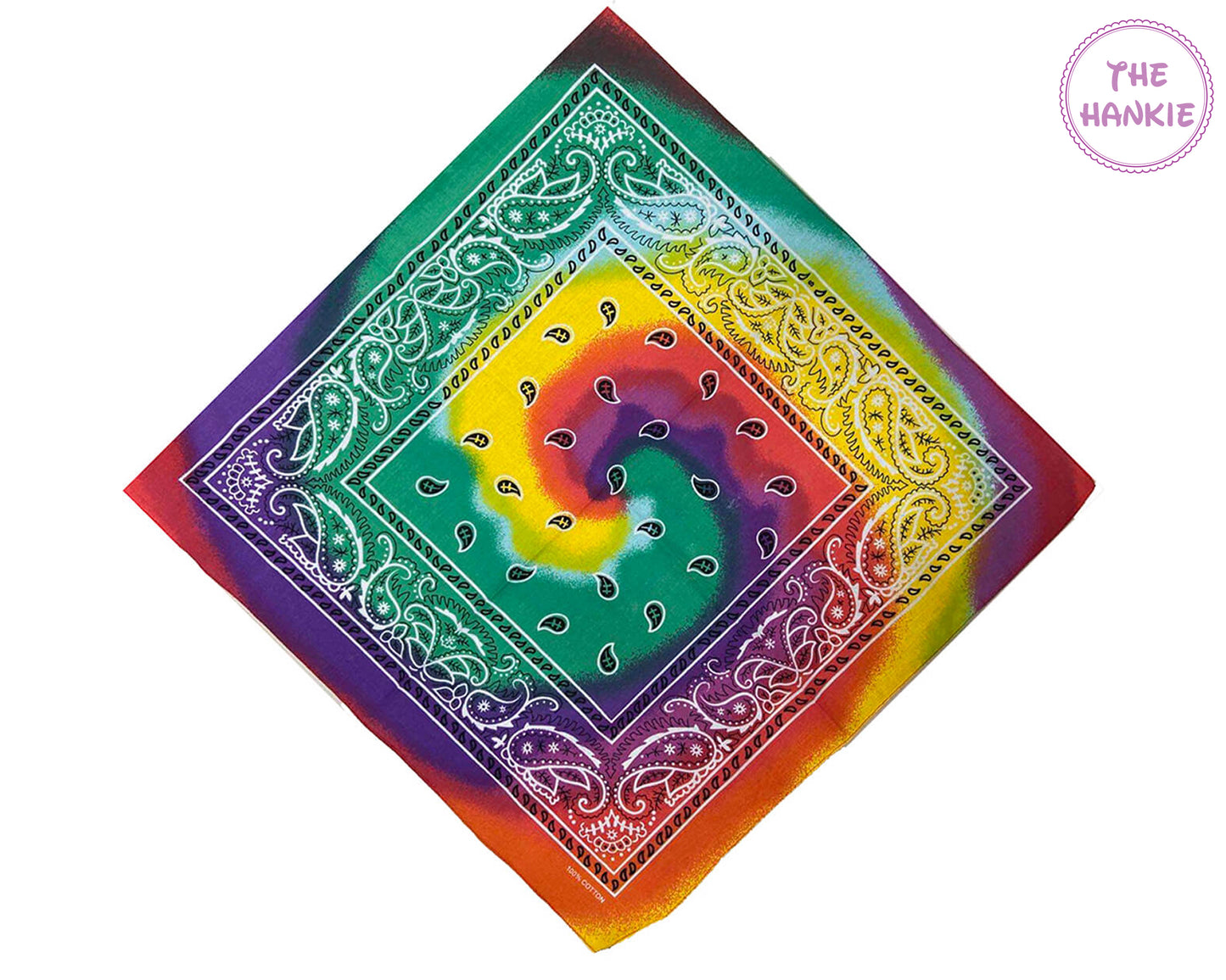 Colorful bandana with a tie-dye design and intricate patterns on a white background.