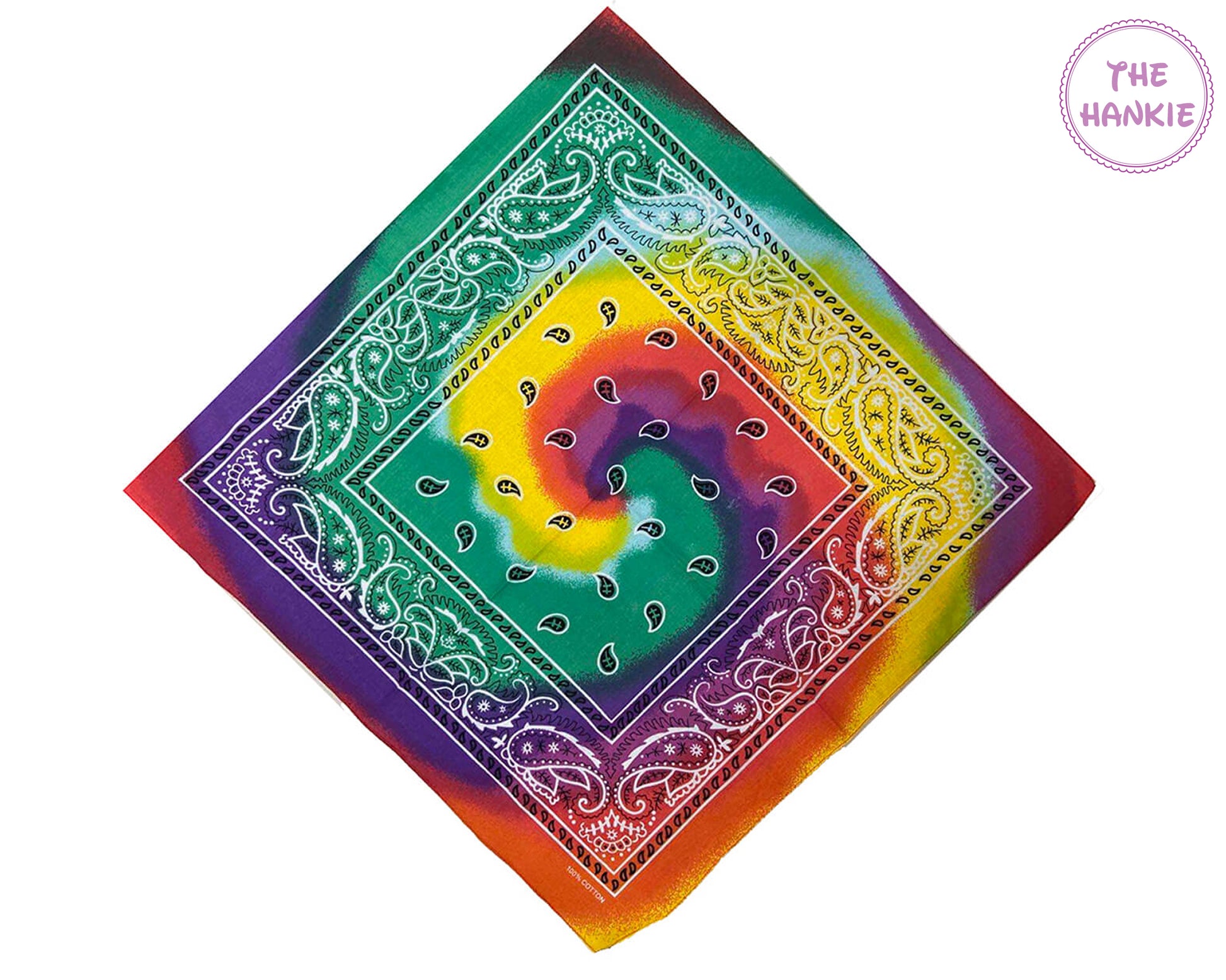 Colorful bandana with a tie-dye design and intricate patterns on a white background.