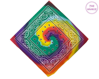 Colorful bandana with a tie-dye design and intricate patterns on a white background.