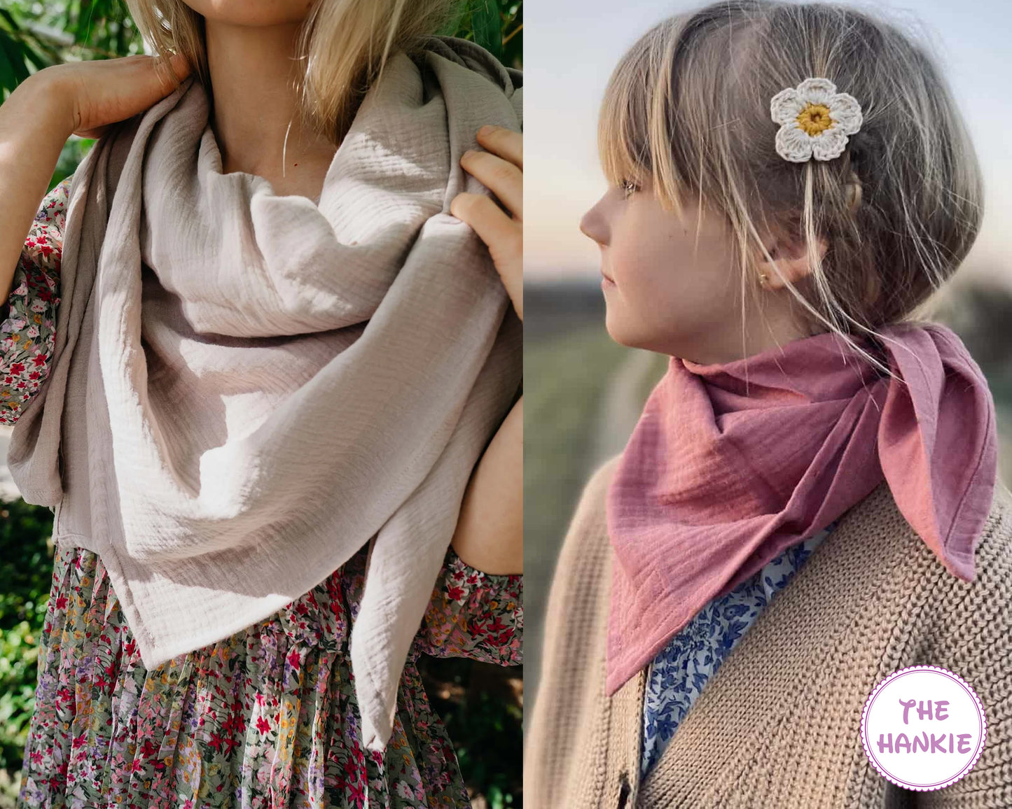 Two images showing scarves and a hair accessory with 'The Hankie' brand.