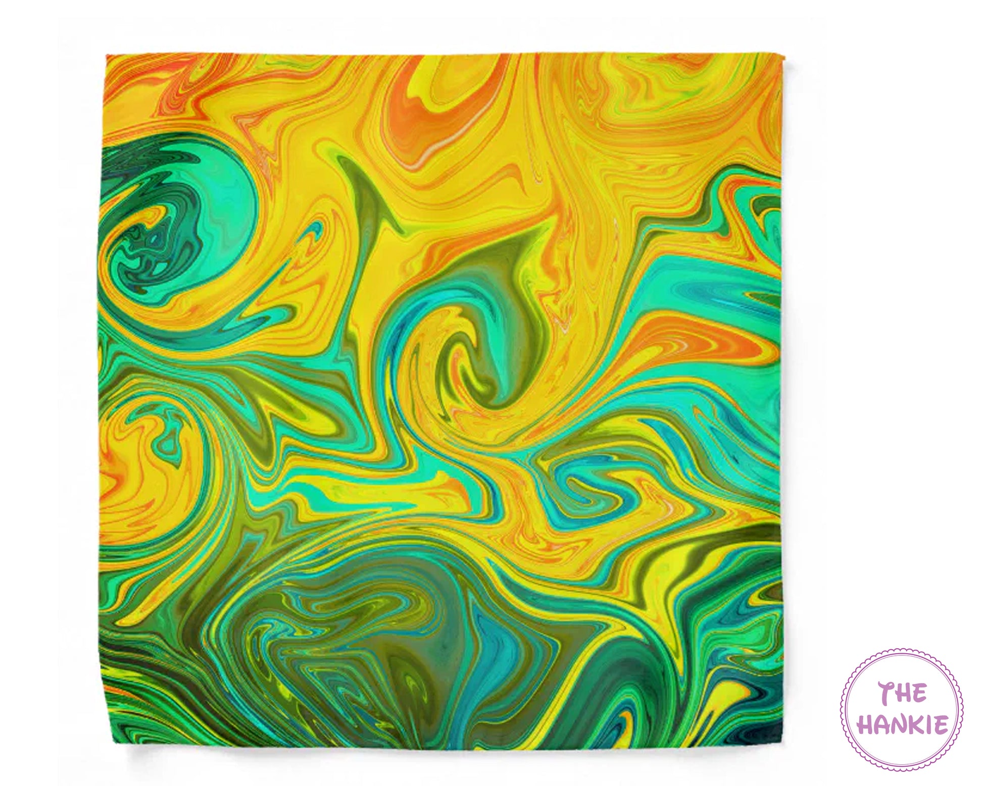 Colorful swirl patterned hankie with 'The Hankie' branding on a white background