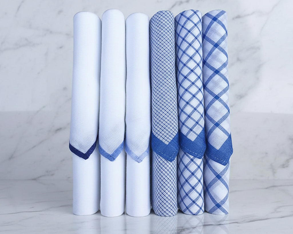 Set of 6 Cotton White and Blue Check Hankies 