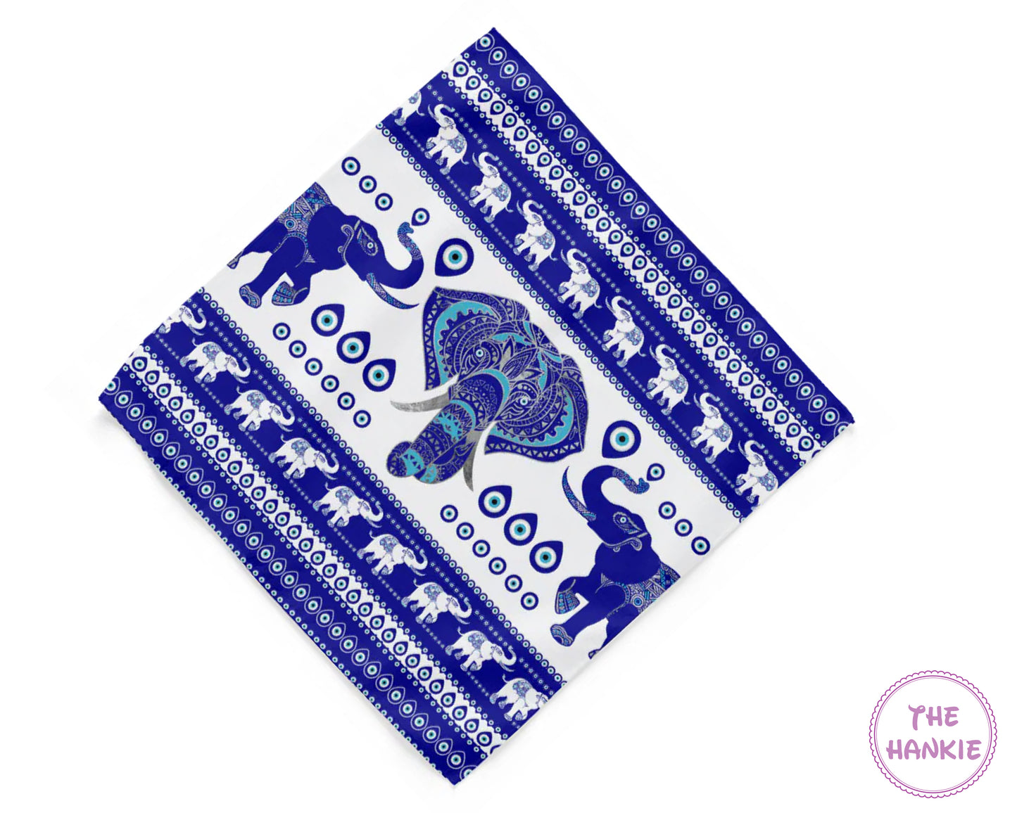 Blue and white patterned hankie with elephants on a white background