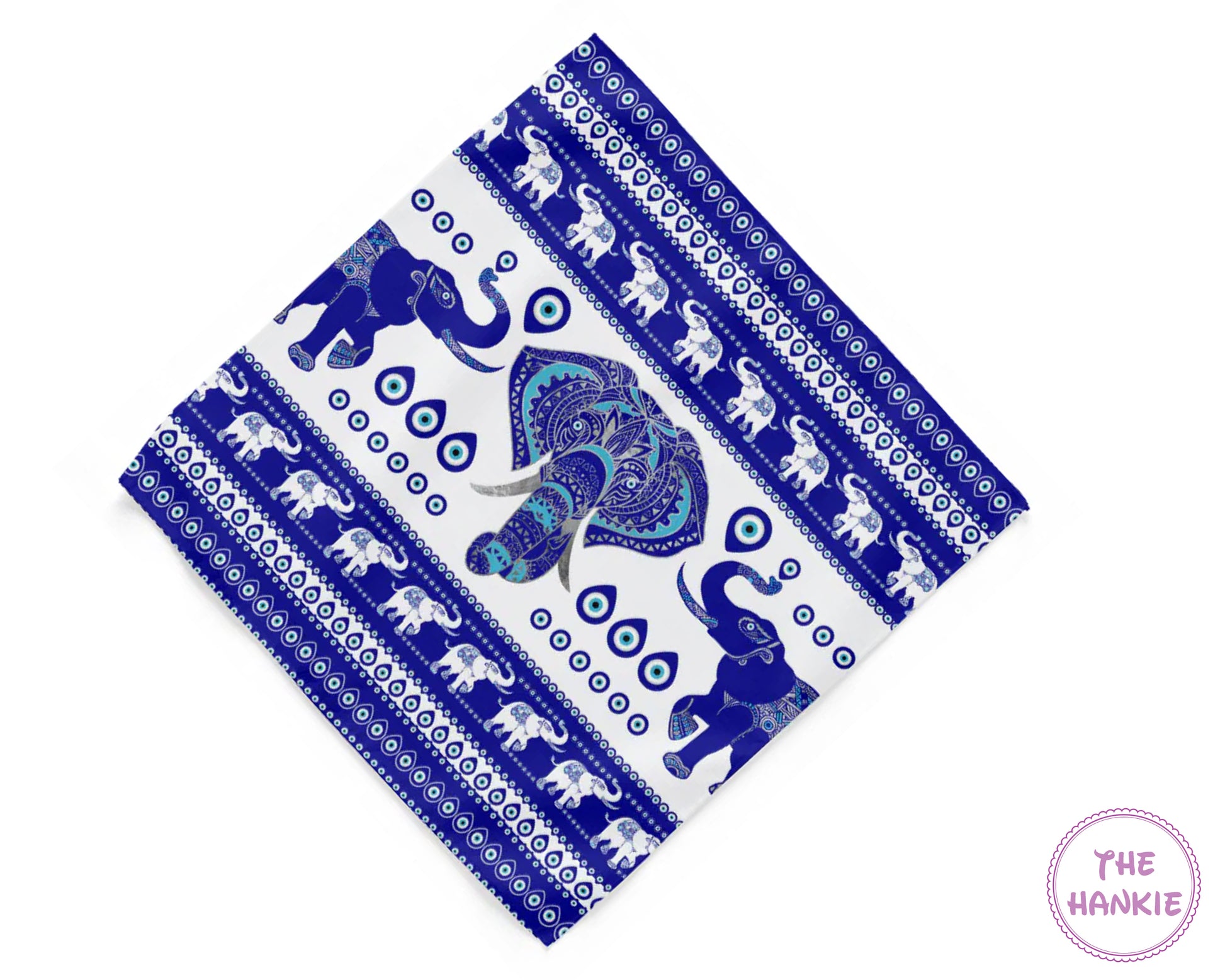 Blue and white patterned hankie with elephants on a white background