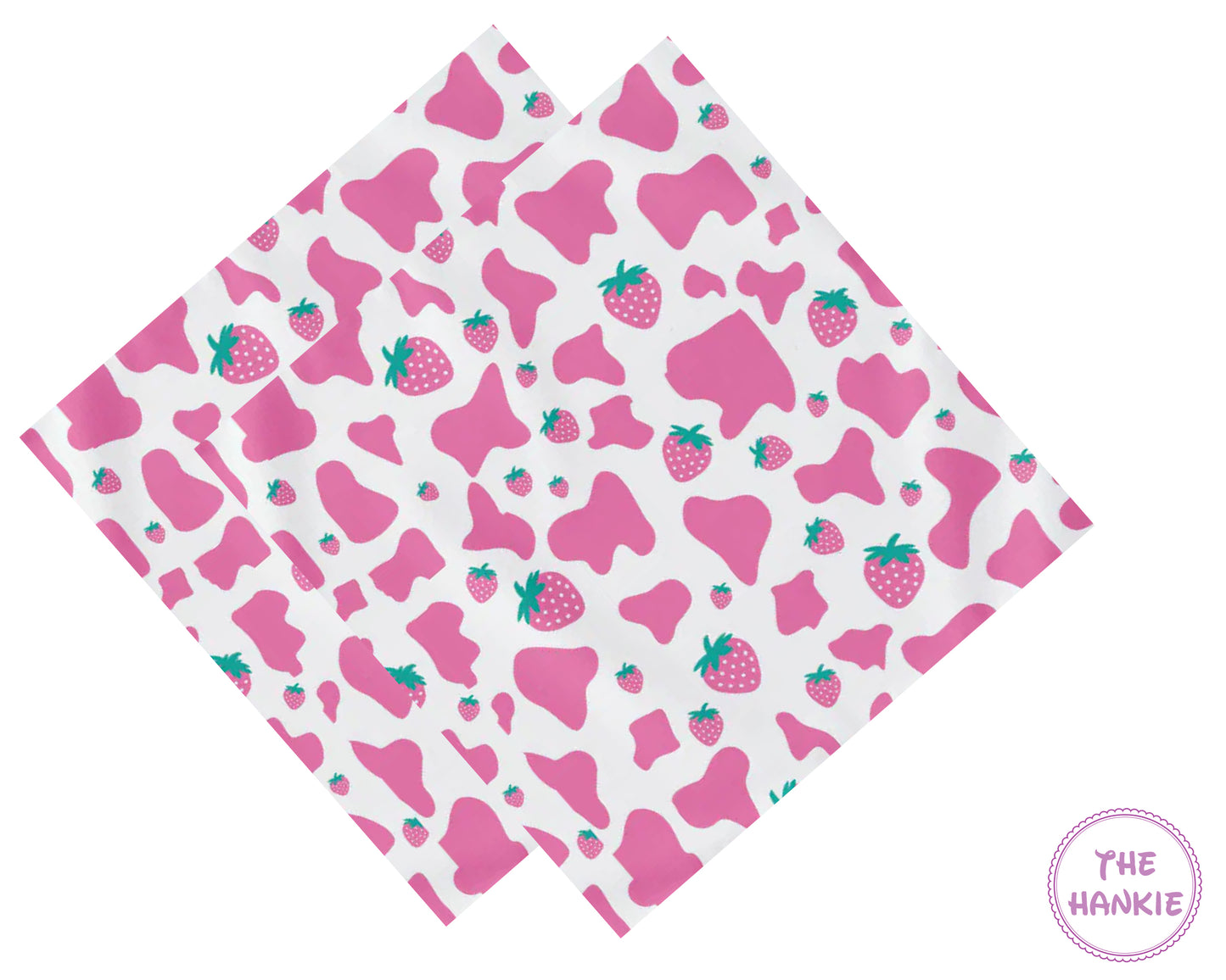 Pink cow print hankie with strawberries on a white background