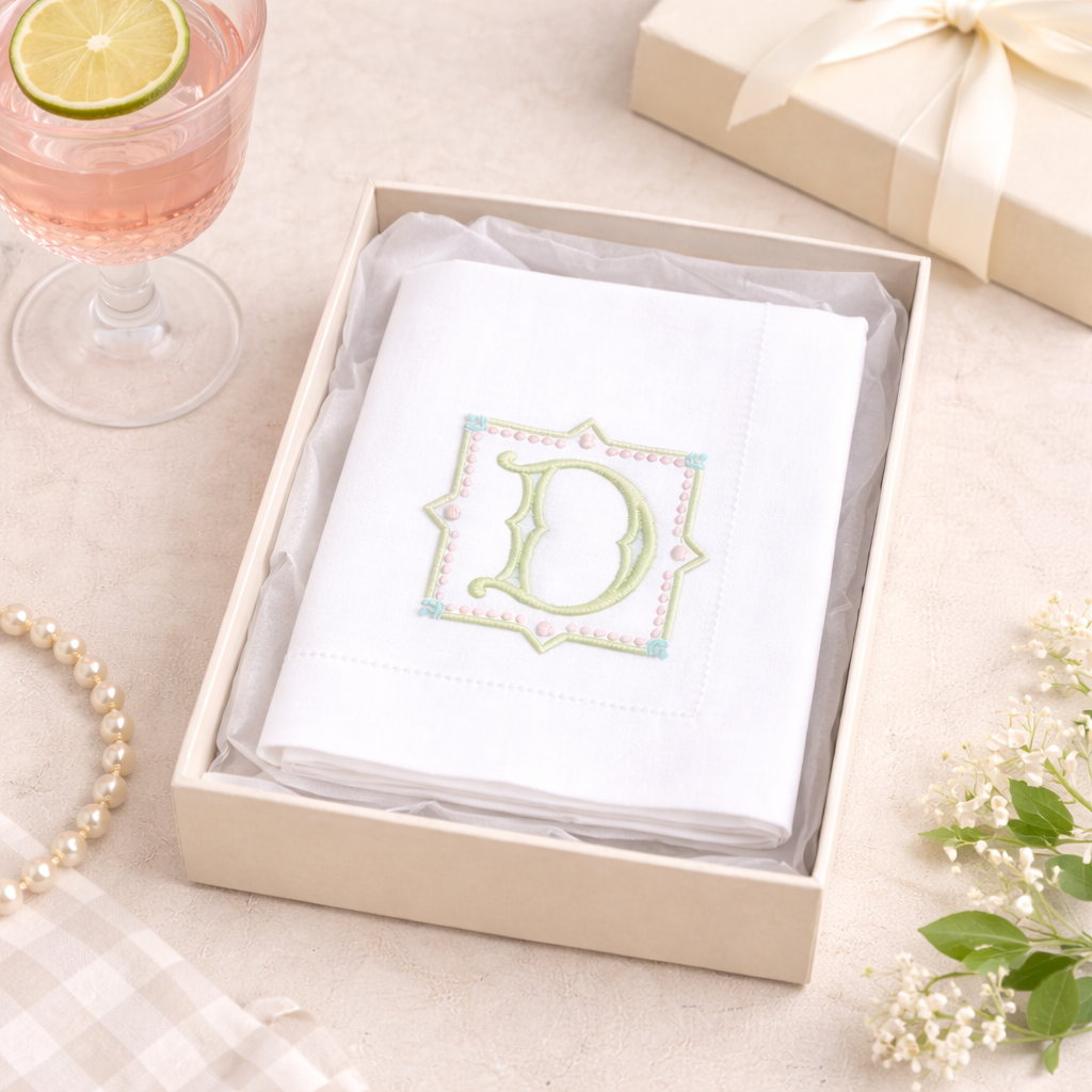 White handkerchief with a decorative monogram in a box, accompanied by a glass of pink drink and gift box.