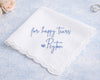White handkerchief with blue text 'for happy tears Peyton' on a light blue background