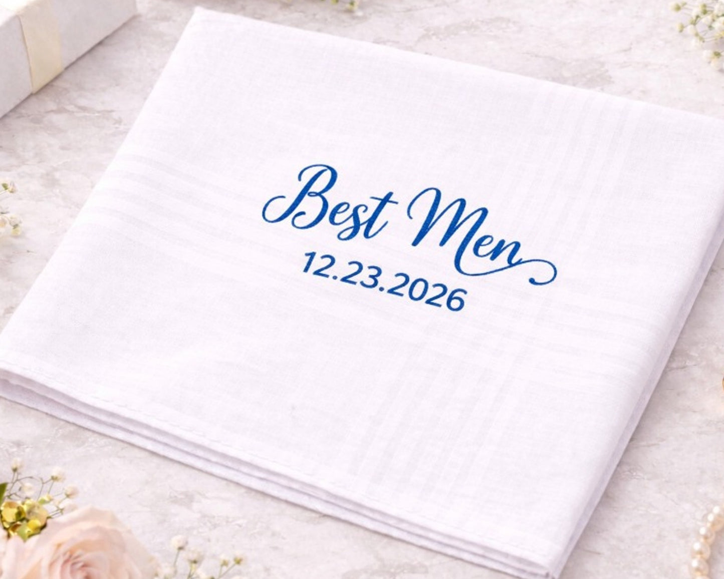 White handkerchief with 'Best Men 12.23.2026' vinyle print 