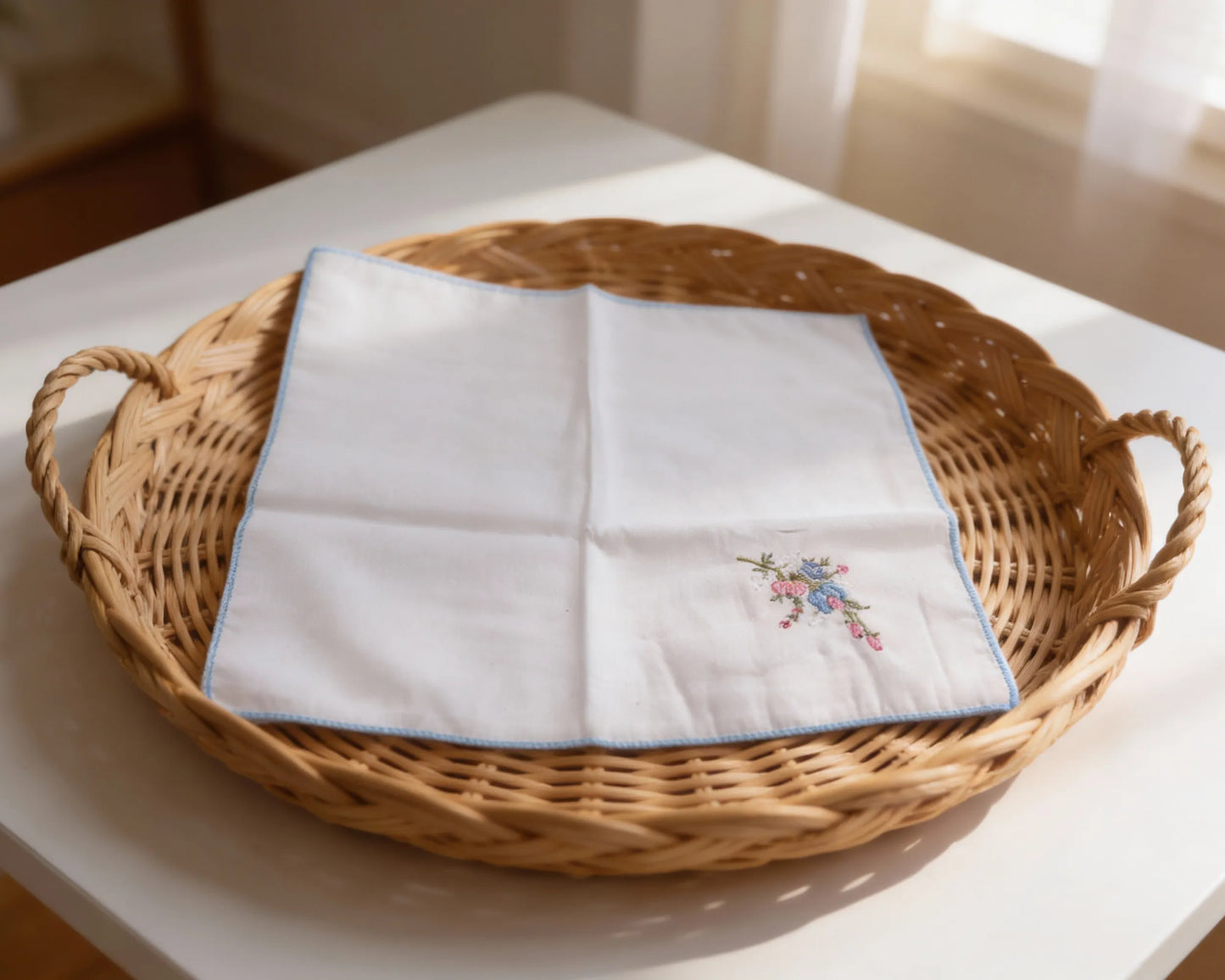 White handkerchief with floral embroidery in a woven basket on a white surface