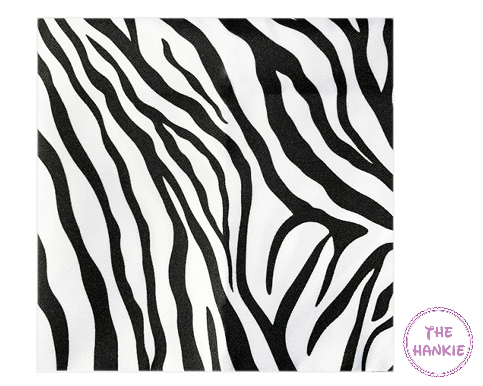 Black and white zebra patterned hankie with 'The Hankie' logo in the corner.