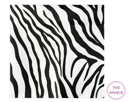 Black and white zebra patterned hankie with 'The Hankie' logo in the corner.